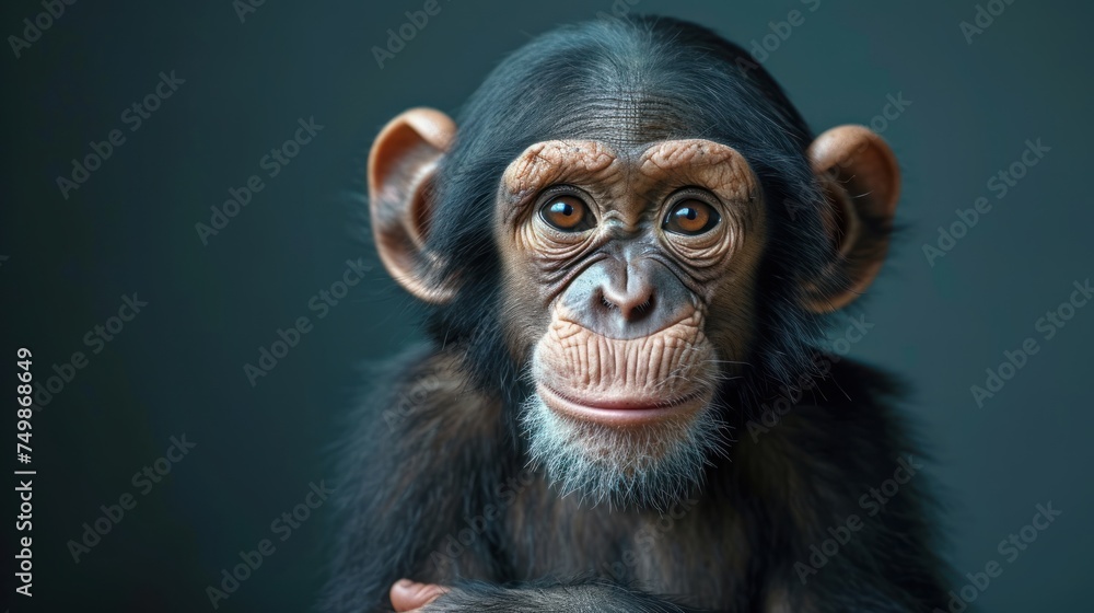 a close up of a monkey's face with one eye open and one hand on the other side of the monkey's face, with a dark background. a close up of a monkey's face with one eye open and one hand on the other side of the monkey's face, with a dark background.