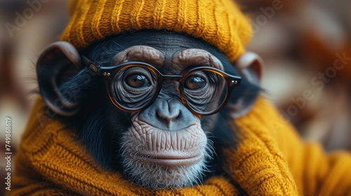  a close up of a monkey wearing a yellow sweater and a hat with glasses on it's head and wearing a knitted hat with a scarf around it's ears. #749868619