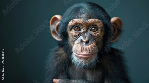  a close up of a monkey's face with one eye open and one hand on the other side of the monkey's face, with a dark background. © Marcel
