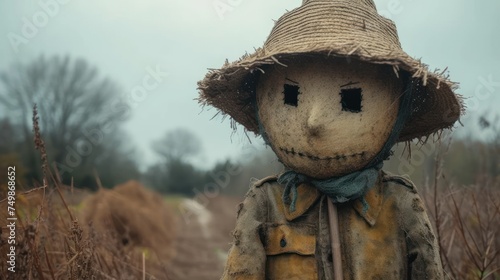  a scarecrow standing in a field with a hat on it s head and a scarecrow s face drawn on it s face in the middle of the scarecrow.