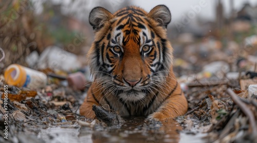  a close up of a tiger in a body of water with trash in the back ground and trees in the back ground and a building in the back ground in the background.