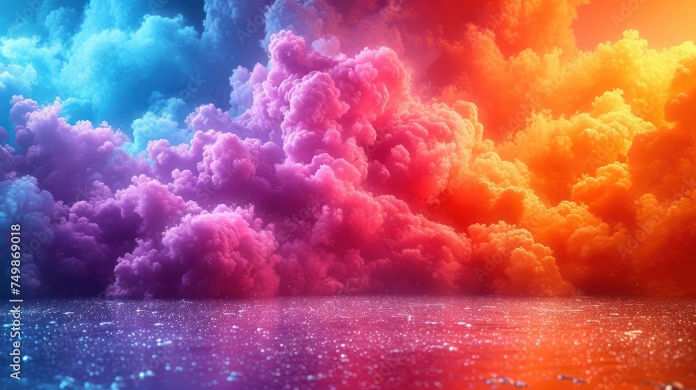  a group of colorful clouds floating on top of a body of water in front of a blue sky with a rainbow hued sky in the middle of the clouds.