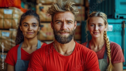  a man and two women standing next to each other in front of a pallet filled with pallets of food and a man with a beard in a red t - shirt. © Marcel