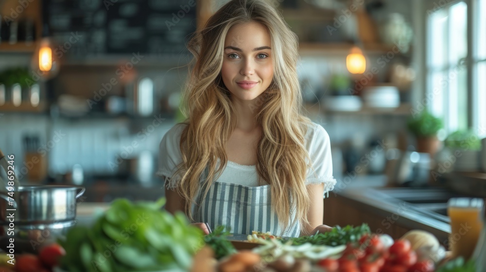  a woman standing in a kitchen next to a table full of vegetables and a bowl of fruit and vegetables on a cutting board in front of the counter top of the counter.