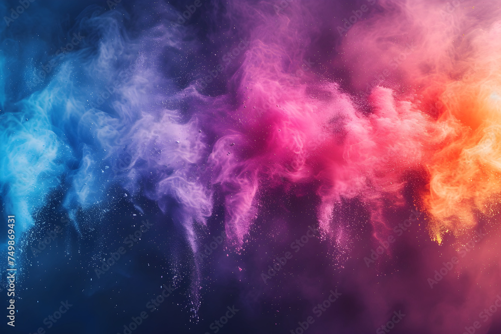 Freeze motion of colorful powder explosion on dark background. Holi celebration, festival of colors. Colored cloud, dust, gulal powder. Abstract texture for banner, poster, card, wallpaper Freeze motion of colorful powder explosion on dark background. Holi celebration, festival of colors. Colored cloud, dust, gulal powder. Abstract texture for banner, poster, card, wallpaper