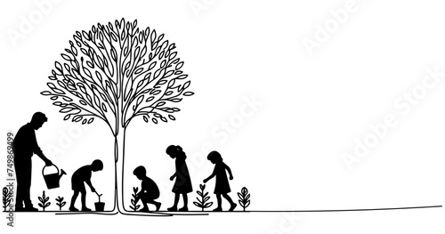 Continuous one black line art drawing Silhouette of children watering a tree. planting tree to save the world and earth day reduce global warming growth concept vector illustration on white background