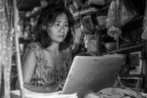 A Thai woman with a bob haircut visibly stressed working on a grant proposal during a holiday seated in front of her laptop in a small inhome office captured in a raw documentary photography style photo