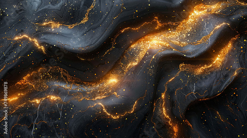 Abstract background with gold glitters. Black backdrop with floating glowing golden particles.