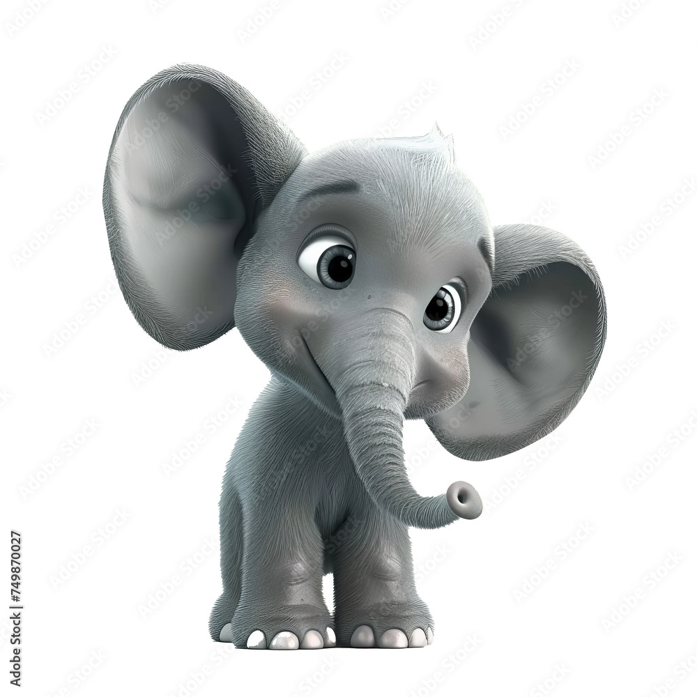 elephant calf with long trunk, curious eyes, and floppy ears in trumpeting pose. Lovely animal minimal style. 3d render isolated transparent.