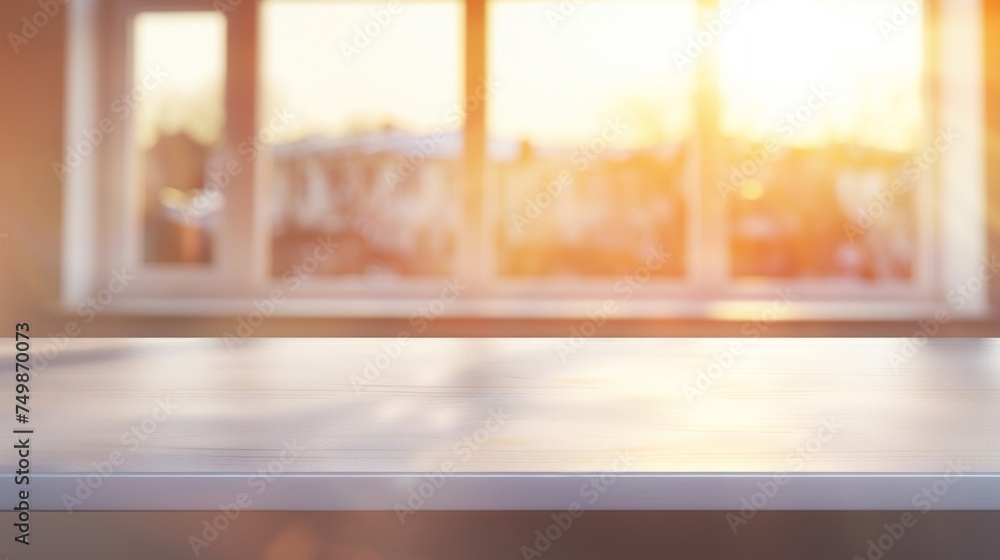 Smooth table surface illuminated by the warm, soft glow of a sunset through a window.