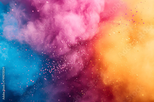 Freeze motion of colorful powder explosion on dark background. Holi celebration, festival of colors. Colored cloud, dust, gulal powder. Abstract texture for banner, poster, card, wallpaper