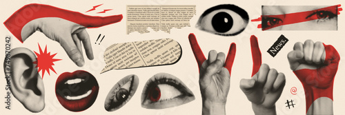 Trendy vintage collage. Halftone lips, eyes, hands, ear. Retro newspaper and torn paper. Elements for banners, poster, sosial media. Vector. © Alina Kolyuka