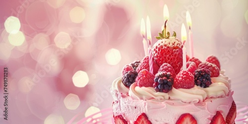 A delightful birthday cake adorned with fresh berries against a soft pink bokeh background.