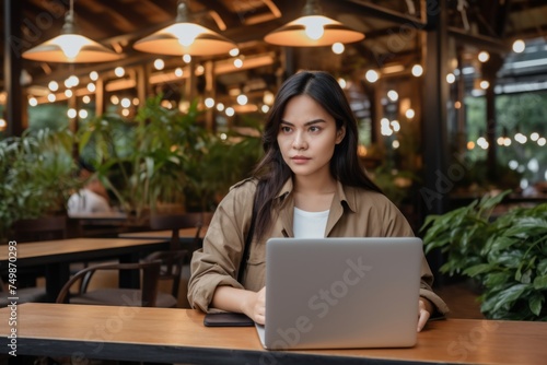 Pensive thoughtful serious Japanese multiethnic woman female businesswoman client college student upset thinking using laptop notebook distance education problem business solution outdoors restaurant