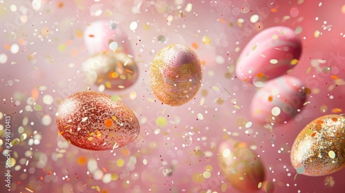 Vibrant Easter eggs floating with confetti in a celebratory explosion of spring colors.
