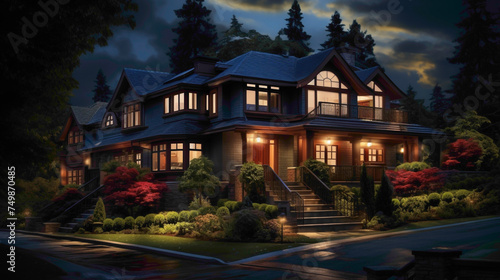 From a high vantage point, behold the sophistication of a traditional craftsman home, its deep mahogany exterior gleaming in the moon's gentle glow.