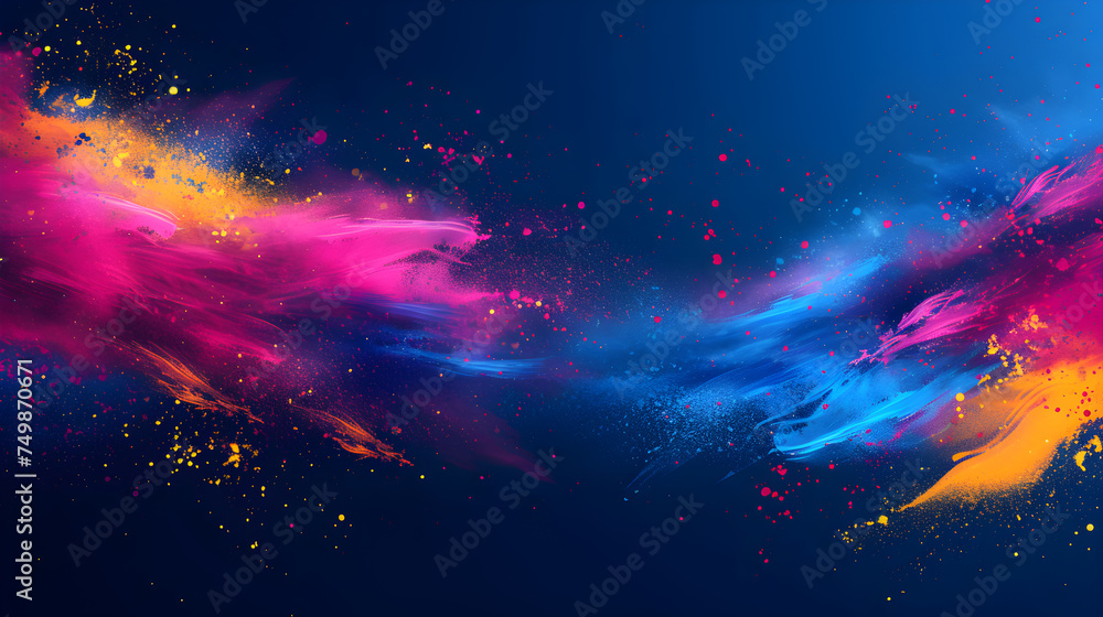 Freeze motion of colorful powder explosion on dark background. Holi celebration, festival of colors. Colored cloud, dust, gulal powder. Abstract texture for banner, poster, card, wallpaper