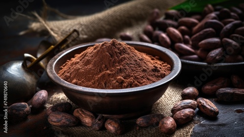 Cocoa powder in a bowl surrounded by cocoa beans.