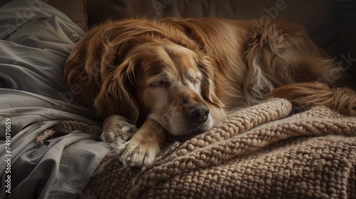Wallpaper Mural Tranquil dog resting on a cozy blanket at home, embodying peaceful domestic life. Close-up of a pet's serene slumber, highlighting the comfort and calm of a pet-friendly environment - AI generated Torontodigital.ca