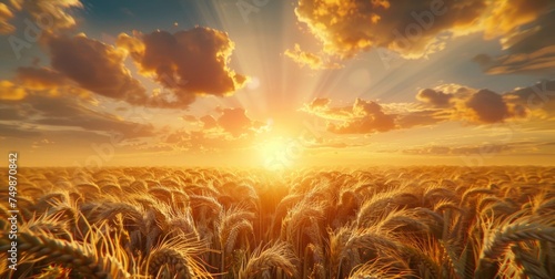 Sunrise over a golden wheat field with radiant sunbeams and clouds. © tashechka