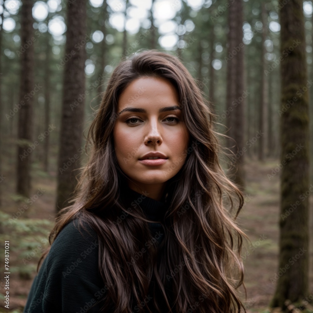 Woman with flowing hair in serene forest setting Woman with flowing hair in serene forest setting