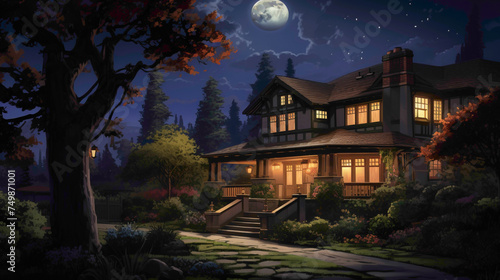 Gaze down upon the peaceful elegance of a classic craftsman house, its deep mahogany exterior glowing softly in the moon's tender embrace.