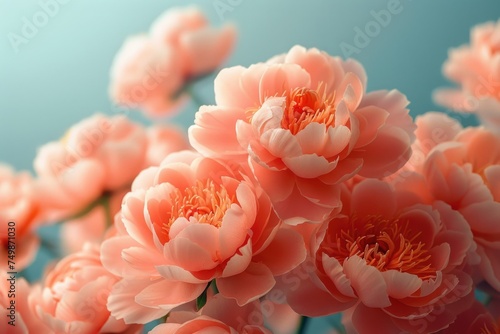 Close-up of pink peony flowers on a teal background.