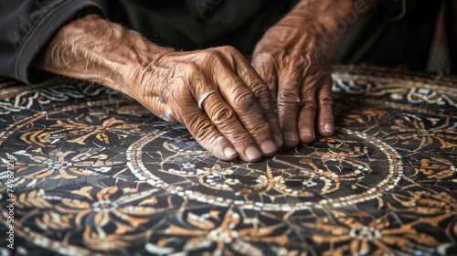 Aged hands with a wedding ring resting on a beautifully detailed mosaic tabletop, symbolizing craftsmanship and history.
