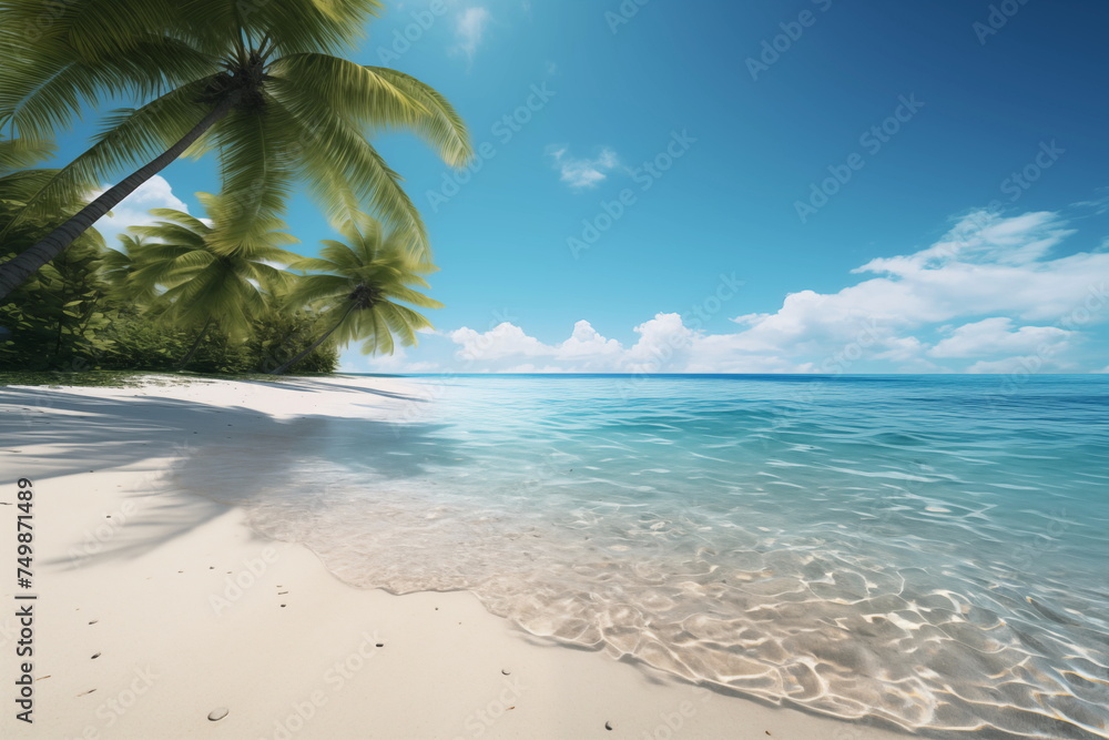 Island Paradise - Palm trees hanging over a sandy white beach with stunning blue waters