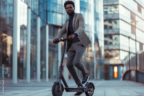 Businessman on electric scooter in urban environment. © Julia Jones