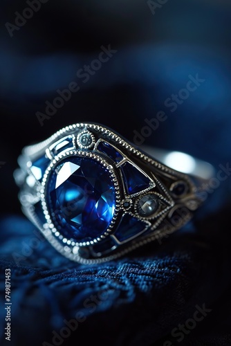 Jewelry ring with blue sapphire on bokeh background. A close-up of a vintage-inspired, sapphire-studded cocktail ring, reminiscent of the Art Deco era. The deep blue hues of the gemstone.