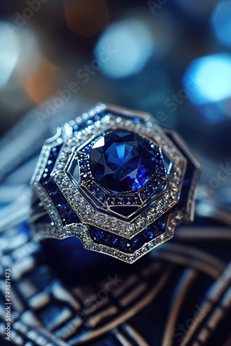 Jewelry ring with blue sapphire on bokeh background. A close-up of a vintage-inspired, sapphire-studded cocktail ring, reminiscent of the Art Deco era. The deep blue hues of the gemstone.