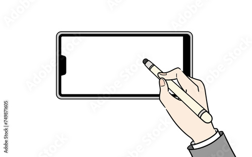 横向きのスマホをタッチペンで操作するスーツの女性の手