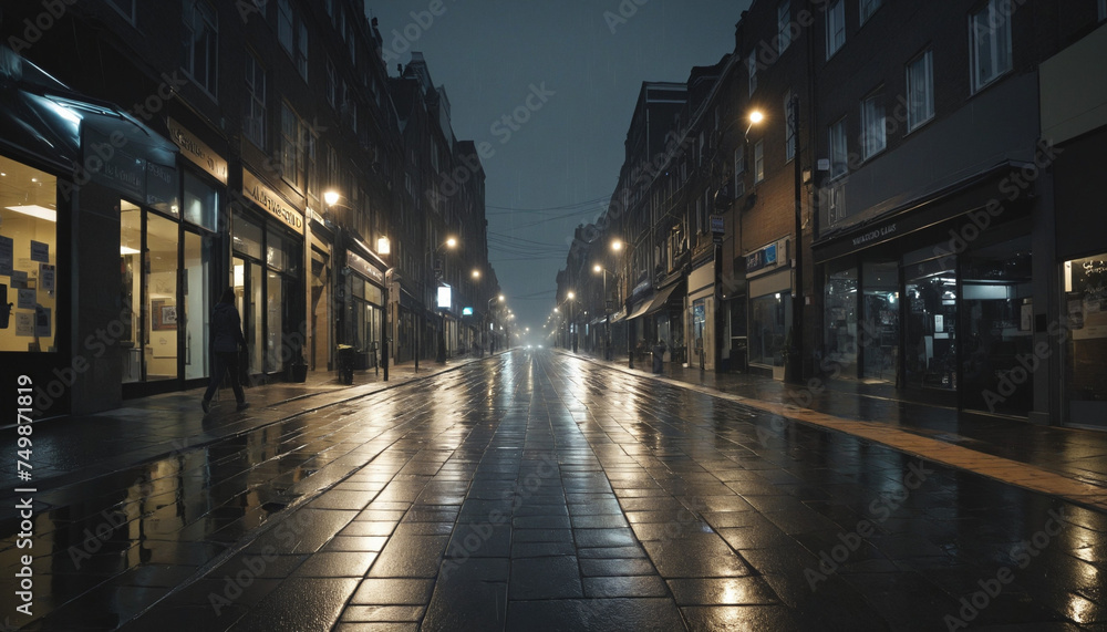 Night city life, wet sidewalks, dark buildings, illuminated street lights