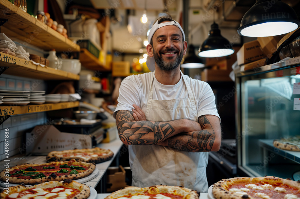 Pizzaiolo Chef standing in a pizza restaurant kitchen with hands crossed	