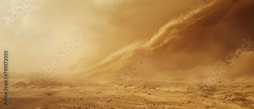 Golden sands sweep across a vast desert under a brooding  dramatic sky.