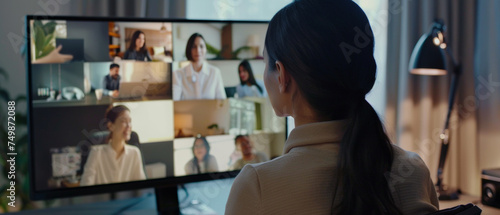 Woman in a remote work meeting with diverse colleagues on a screen. photo