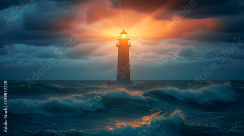 Guiding light. Lighthouse on the sea. Generative Ai