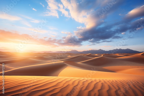 Amazing desert sunset. Beautiful desert with warm colors. Colorful contours of sand dunes.