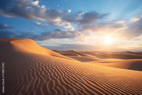 Amazing desert sunset. Beautiful desert with warm colors. Colorful contours of sand dunes.