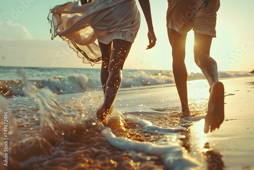 young couple running legs on a sea beach