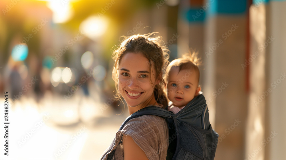 A smiling woman carrying a baby in a carrier.