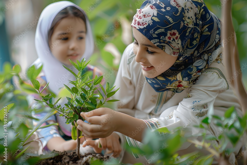 Fototapeta premium mother and daughter planting tree in a forest