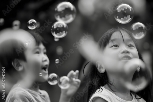 children catching soap bubbles in a park