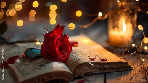 Romantic slow motion illustration of a red rose on a book in the evening