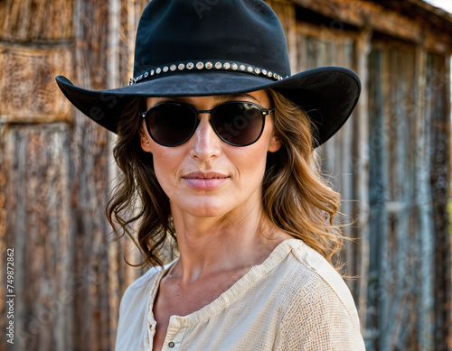 photo of beautiful woman as a professional agent wearing black long sleeve shirt and tactical pant and cowboy hat om ranch, generative AI