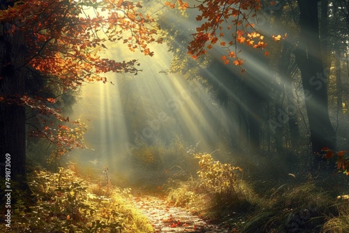 Magical autumn scenery in a dreamy forest  with rays of sunlight beautifully illuminating the wafts of mist and painting stunning colors into the trees