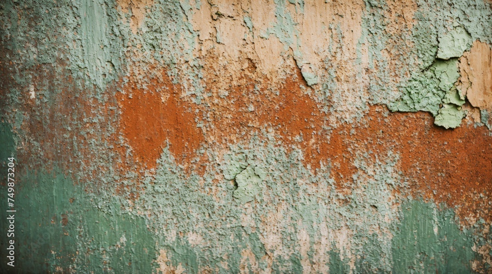 Tattered wall with orange and blue paint peeling layers 