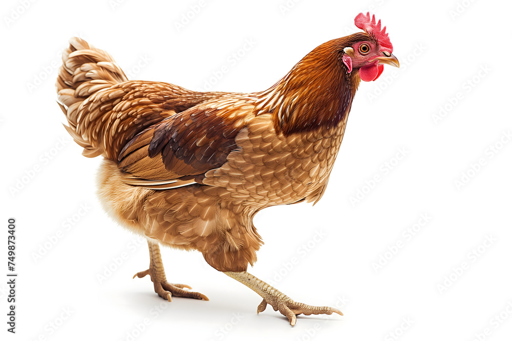 Fototapeta premium Running chicken hen on white background. Neural network generated image. Not based on any actual scene or pattern.
