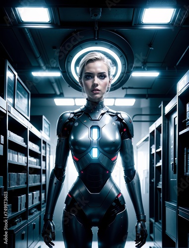 An android girl, in the middle of a technology room. Standing in the centre of the room with her arms along her body. For the poster.